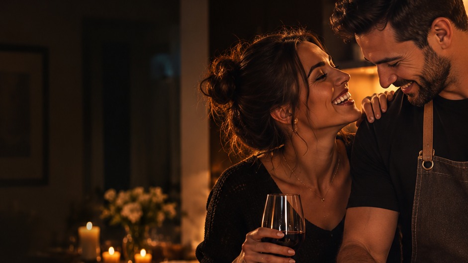Casal cozinhando junto em uma noite especial em casa