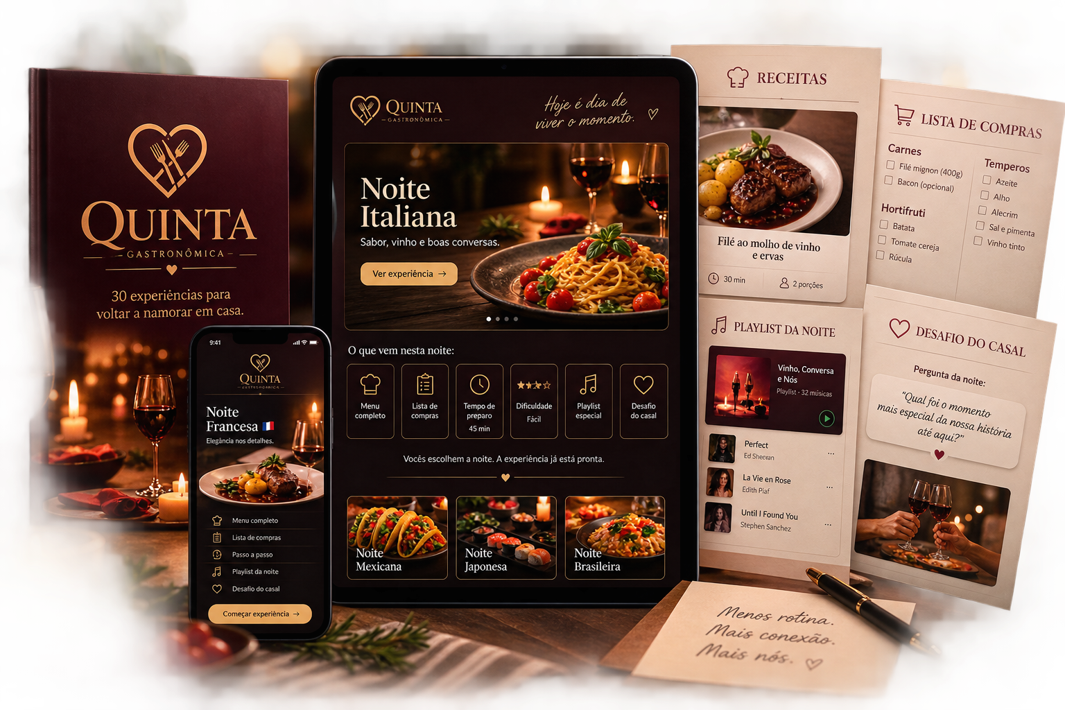 Mockup da Quinta Gastronômica com experiências, receitas, lista de compras, playlists e desafios para casais