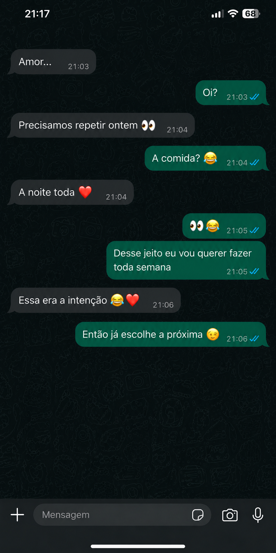 Conversa carinhosa de casal querendo repetir a noite
